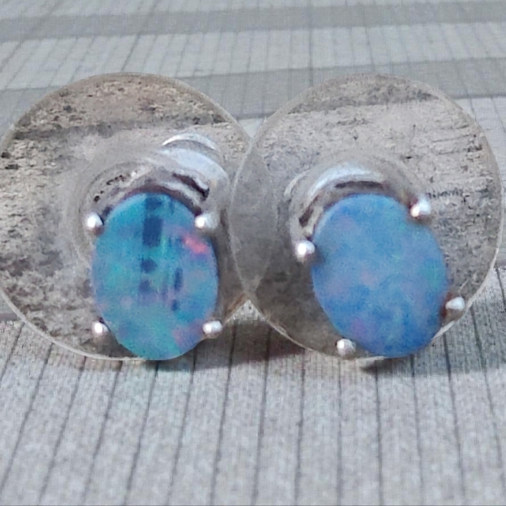 Sterling Silver Natural Opal Stud Earrings - Picture 1 of 6